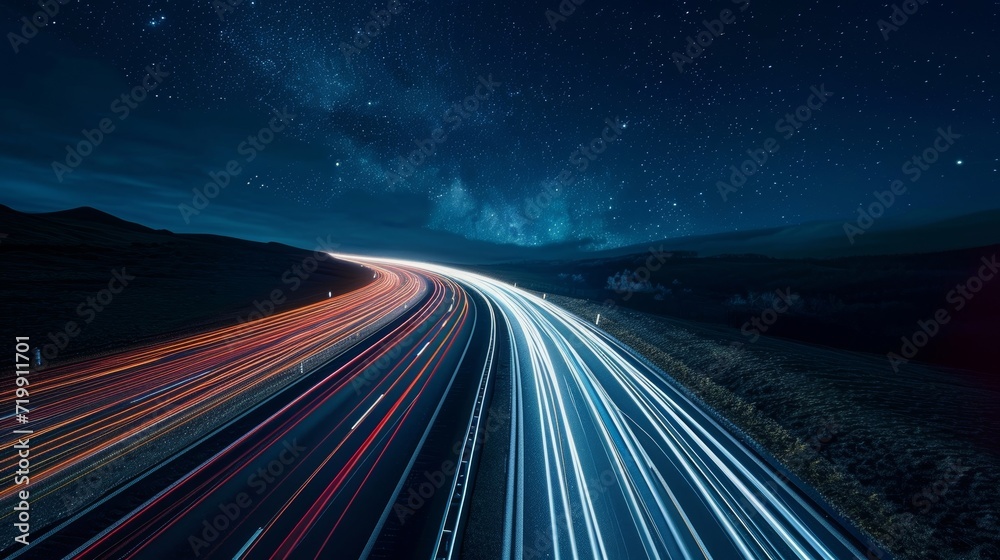 The remote road is transformed into a magical journey through the stars thanks to the dramatic and captivating light trails left in the wake of ping cars. - obrazy, fototapety, plakaty 