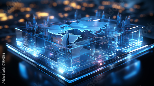A futuristic representation of a global network with a transparent 3D cityscape, emphasizing connectivity and modern technological advancements. 