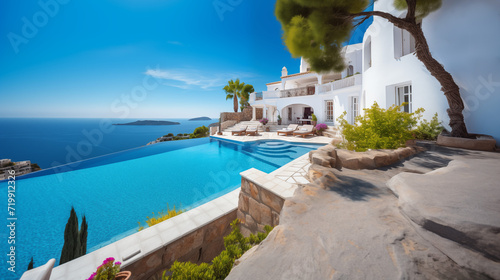Villa blanche à l'architecture méditerranéenne avec une piscine à débordement et un très vieux pin parassol qui ombrage la terrasse. La maison surplombe la mer Méditerranée et les îles photo