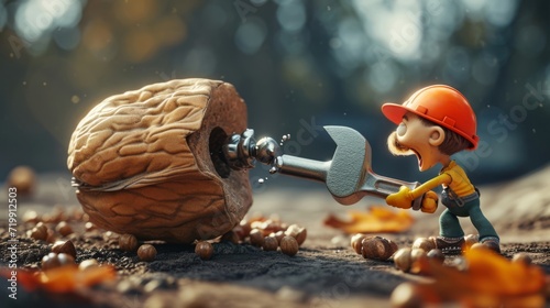 A tiny but mighty wrench manages to turn a giant and stubborn nut while its competitors look on in amazement in a whimsical cartoon scene. photo