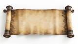 An antique medieval style scroll design. The scroll is opened and is blank. The background behind the scroll is white. It's in the style of realistic, detailed rendering.   