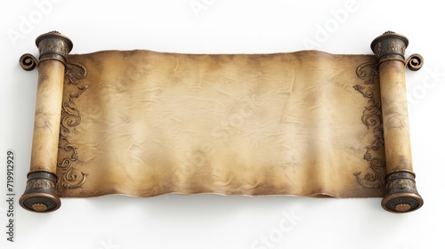 An antique medieval style scroll design. The scroll is opened and is blank. The background behind the scroll is white. It's in the style of realistic, detailed rendering.    photo