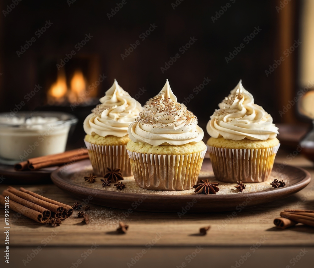 Three cupcakes with cheese frosting