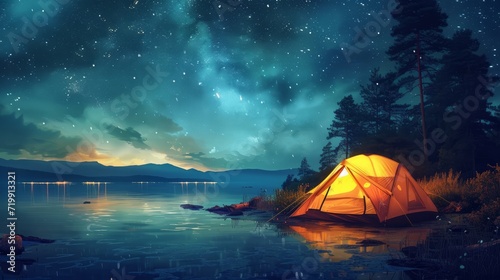 Camping tent on the beach with night sky and stars in 2D game art style, photographic detail portrait, detailed character illustration, romantic river scene, monochrome landscape, tropical symbolism 