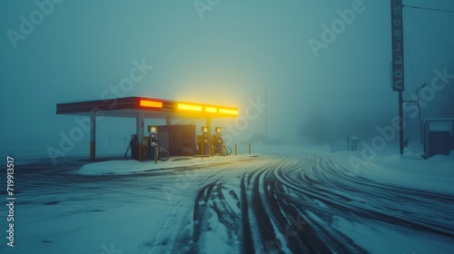 concept photography, a gas station in the snow, tire mark, a faint yellow light, snowing, Daylight, mist, blue tone, open environment, vanishing point 