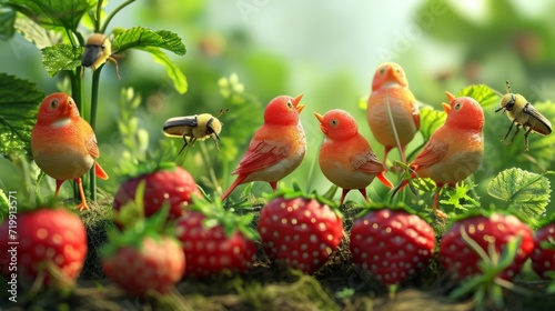 Cartoon scene of Lilliputian Garden Picnic A tiny bird choir sings a sweet serenade as a group of beetles march in with strawberries for an impromptu picnic concert. photo