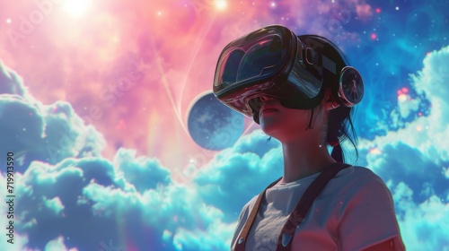 girl wearing Oculus Rift in the Metaverse by Kazumasa Nagai, rendered in cinema4d, hologram solar system chyper-realistic oil, uhd, optical illusion, bulbous,  photo