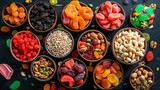 Assorted candied fruits, dried fruits, nuts and seeds, top view. healthy eating