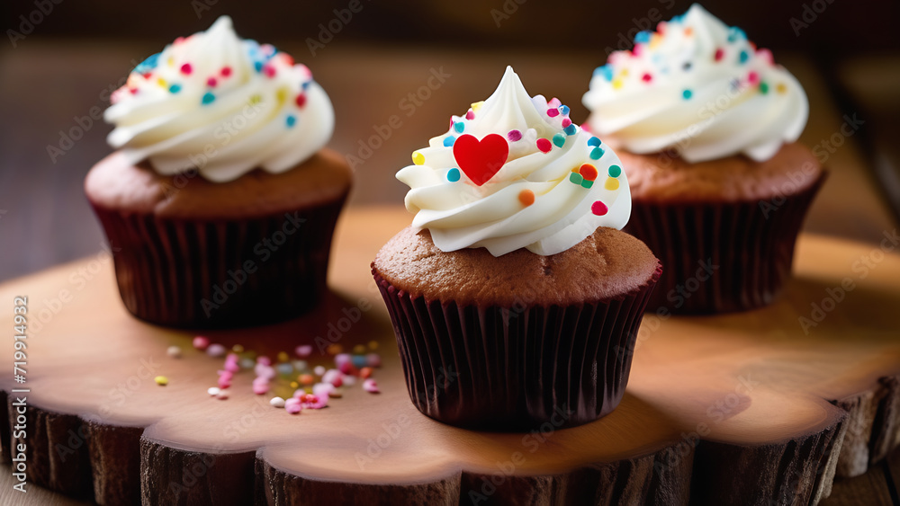 Classic chocolate cupcakes with buttercream and heart decoration. Festive dessert in a cafe. Birthday, valentine's day and holiday concept.