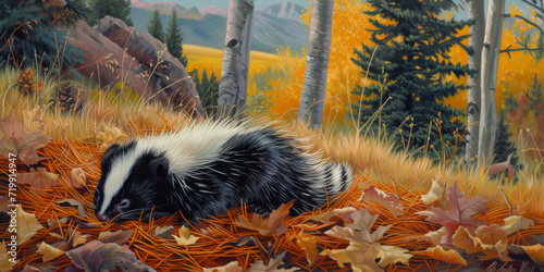 painting of a baby skunk lying on the autumn forest floor covered with faded orange pine needles and dead leaves, generative AI photo