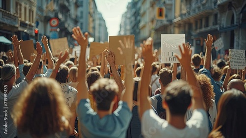 A crowd of people took to the street for a mass protest rally with posters. A demonstration of people's discontent in the city center © Natalia S.