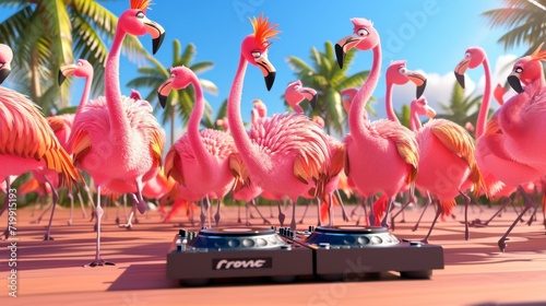 Cartoon scene of a flamboyant fiesta with a DJ flamingo spinning tunes while all the other birds form a conga line led by the fluffiest pink flamingo youve ever photo