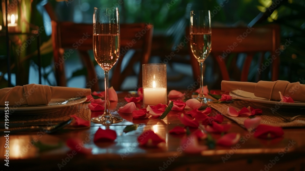 Rustic elegant restaurant table with a romantic dinner with two courses and with glasses of champagne and hyperrealistic rose petals 8k   