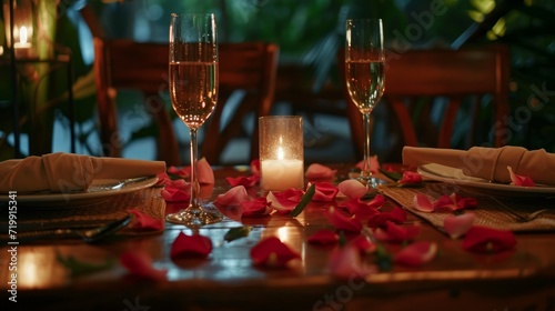 Rustic elegant restaurant table with a romantic dinner with two courses and with glasses of champagne and hyperrealistic rose petals 8k   