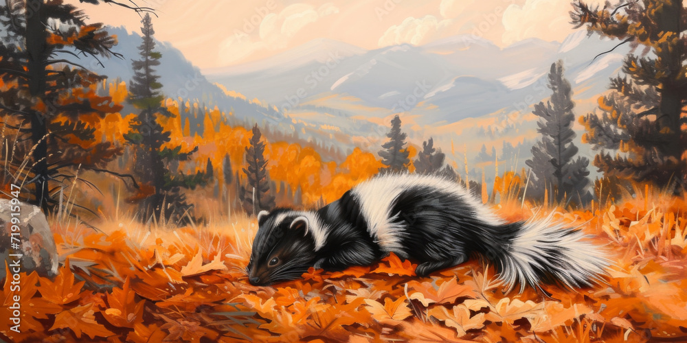 Obraz premium painting of a baby skunk lying on the autumn forest floor covered with faded orange pine needles and dead leaves, generative AI