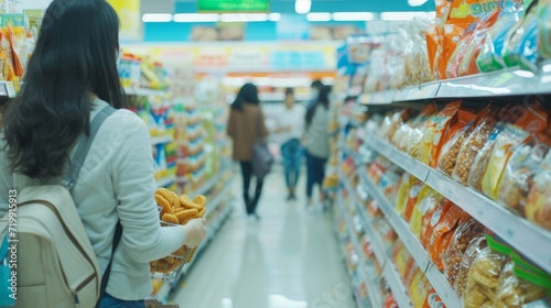 There are various snacks/bread/drinks/smiling Asians shopping on supermarket shelves, wearing light colored clothes/leaning towards white/real photos/clean and tidy background
