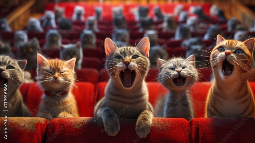 In the audience a group of cats cant help but join in the fun adding their own meows and purrs to the mix much to the confusion of the barking dogs. - obrazy, fototapety, plakaty 