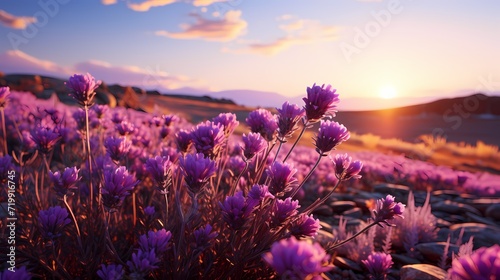 A captivating amethyst purple field of lavender flowers swaying in the wind