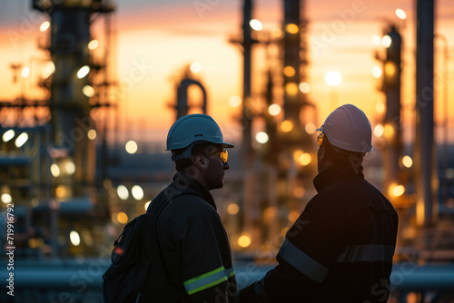 two engineers standing together, with a bokeh effect and blurred background of a refinery © Sara_P