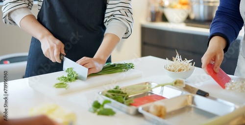 Chef hands, knife and spring onion for cooking, chopping and prepare ingredients for catering services. Person, cutting vegetables and food for diet, nutrition and fine dining at restaurant in Tokyo
