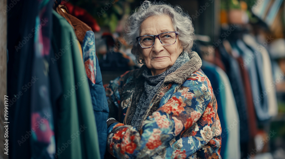 Oma in zeitgemäßer Kleidung Fotoshooting mit heutigem Trend der Generation Z mit alten Menschen und Personen als Model Brillenmode als Werbung Marketing geeignet Generative AI