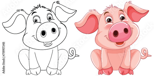 Two smiling pigs in black and white and color