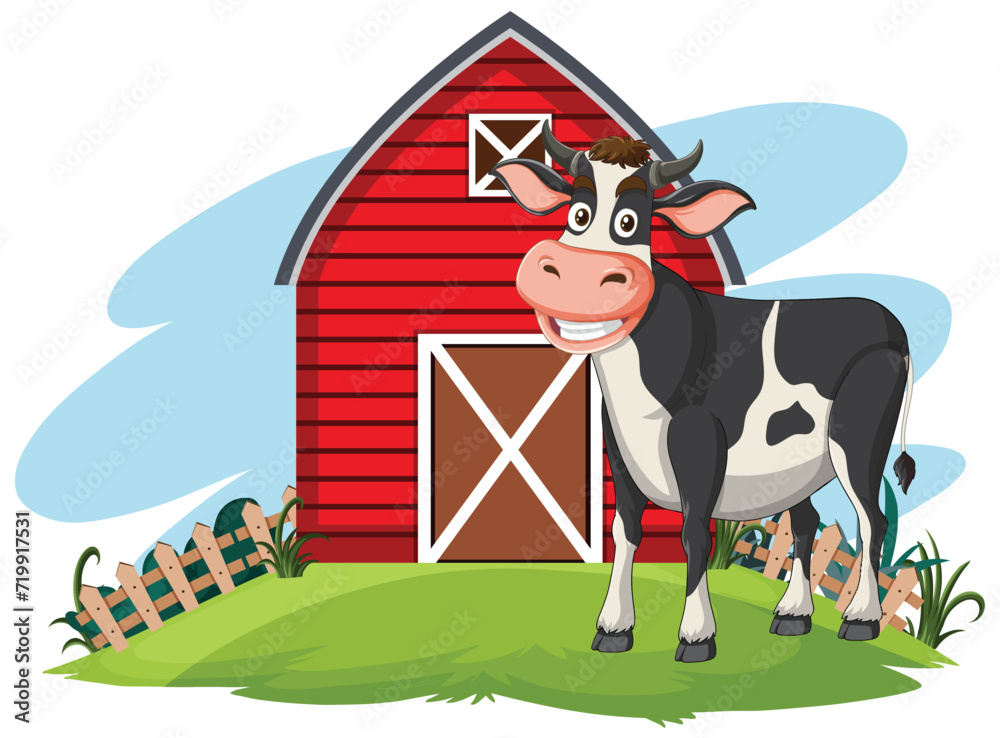 Cartoon cow smiling outside a classic red barn Cartoon cow smiling outside a classic red barn