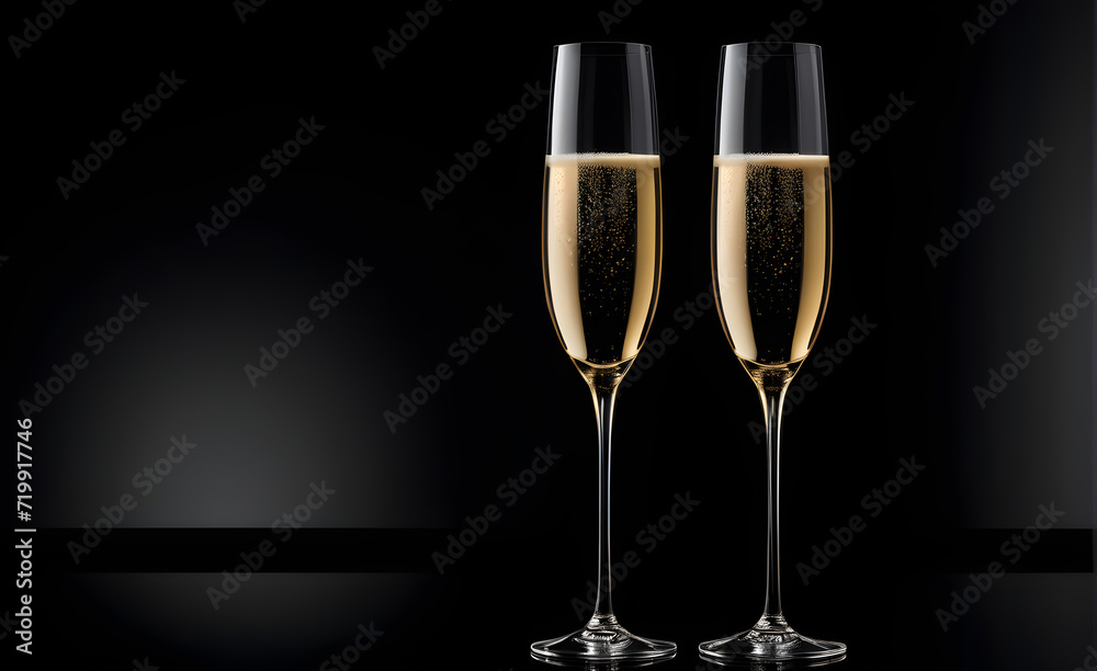 Two champagne glasses on a simple black background, Valentine's Day, Christmas. Generative AI Two champagne glasses on a simple black background, Valentine's Day, Christmas. Generative AI