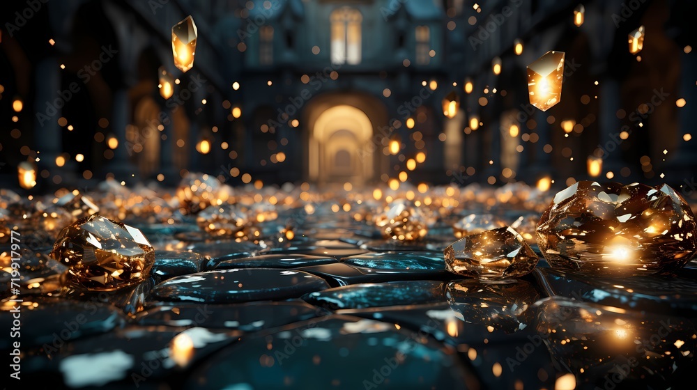 A captivating burst of golden glitter against a midnight blue background A captivating burst of golden glitter against a midnight blue background