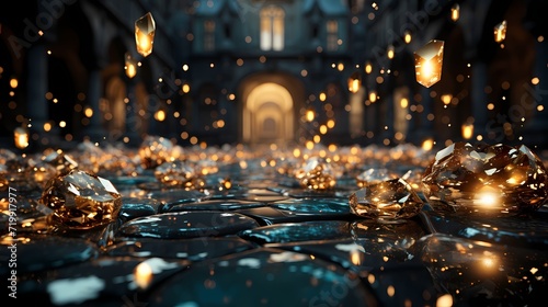 A captivating burst of golden glitter against a midnight blue background © Adobe