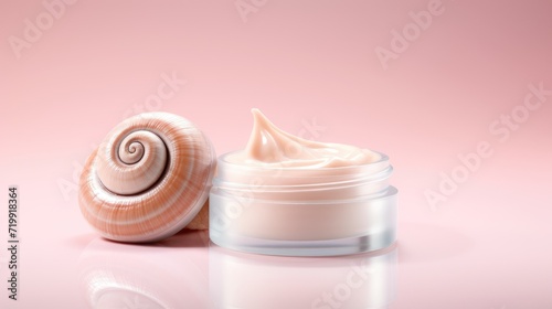 Snail mucin luxury cosmetic concept. Jar of cream skin care and snail on pastel background. Pure, organic and fresh snail slime cosmetics beauty product