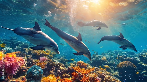 Dolphin group swimming in lively underwater light as the surface of the water glows, Generative AI. © Electric Wolf