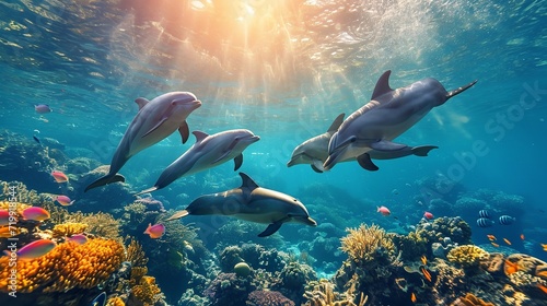 Dolphin group swimming in lively underwater light as the surface of the water glows, Generative AI. photo