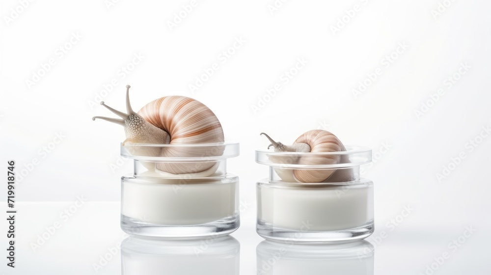 Cream skin care and snail on white background. Snail mucin luxury cosmetic concept. Pure, organic and fresh snail slime cosmetics beauty product