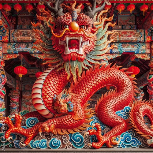 Red Chinese dragon in a beautiful temple . Chinese new year illustration . 