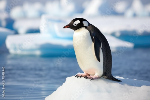 Penguin on ice floe Antarctic  penguin float on the ice floe in the Southern Ocean in Antarctica in search of food  The effects of global warming Ai generated
