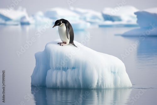 Penguin on ice floe Antarctic, penguin float on the ice floe in the Southern Ocean in Antarctica in search of food, The effects of global warming Ai generated