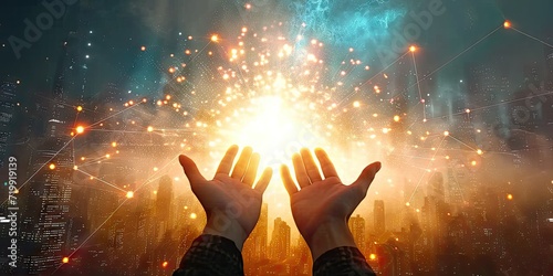 Magical energy in human hands glowing with faith and spirituality