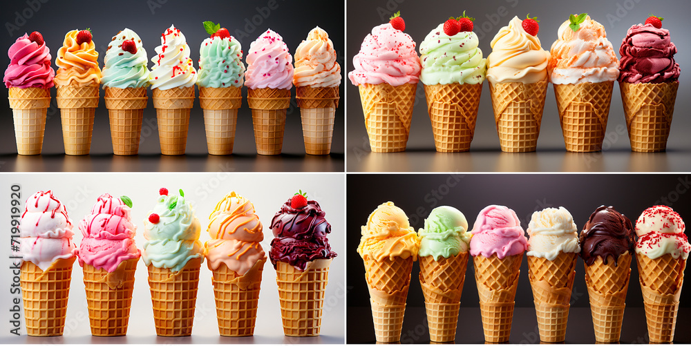 A set of ice cream cones with different flavors. Transparent background for ease of use in design and presentations. Each cone represents a different ice cream flavor.