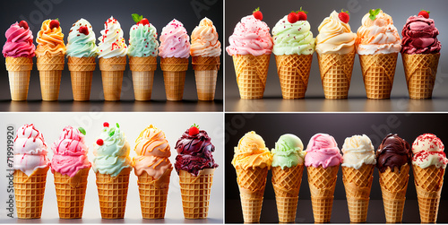 A set of ice cream cones with different flavors. Transparent background for ease of use in design and presentations. Each cone represents a different ice cream flavor.