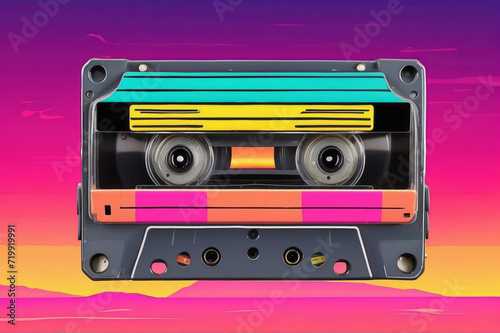 Retro music casette with retro colors eighties and nineties style, cassette tape, mix tape retro cassette design, Music vintage audio theme, Synthwave and vaporwave template. Grainy nostalgia style