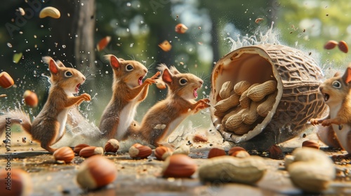 A group of silly squirrels having a water balloon fight with nuts instead with one squirrel hiding behind a giant peanut shell as a shield. © Justlight