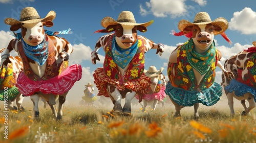 Three moosicians get it in straw hats and bandanas serenade a group of cows dressed in colorful skirts and vests. Some cows cant help but bust a move while others shyly sway