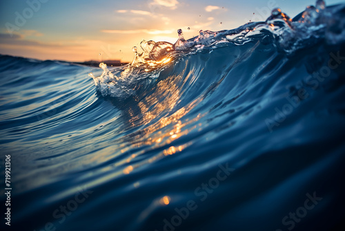Ocean wave close up with sun reflection on water surface at sunset.
