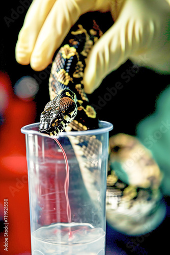 Extracting venom from snakes in laboratory, for medical research, antivenom production, for pharmaceutical purposes. photo