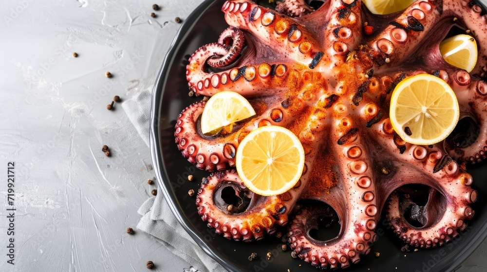 Grilled octopus with lemon slices and basil on a dark plate and gray surface.
