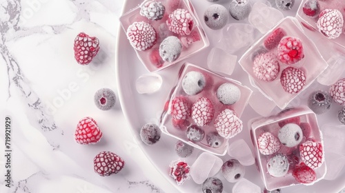 Frozen raspberries in ice cubes on a white marble background.