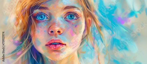 Colorful digital painting of a young girl with striking blue eyes and splashes of vibrant hues.