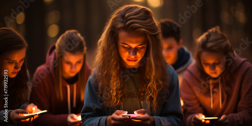Image of multicultural teenagers in a circle with mobile phones. Illustration showing young people using mobile phones on the street. Conceptual image of teenagers addicted to new technologies.