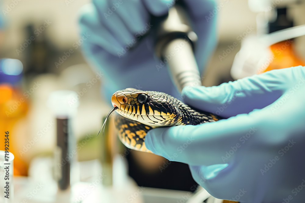 Extracting venom from snakes in laboratory, for medical research ...